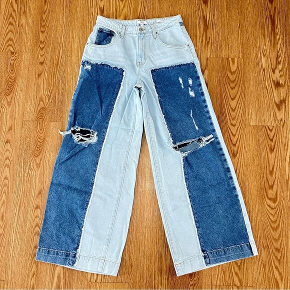 FOREVER 21 Premium Low Rise Wide Leg Distressed 100% Cotton Denim Jeans Sz 27 - Picture 3 of 10